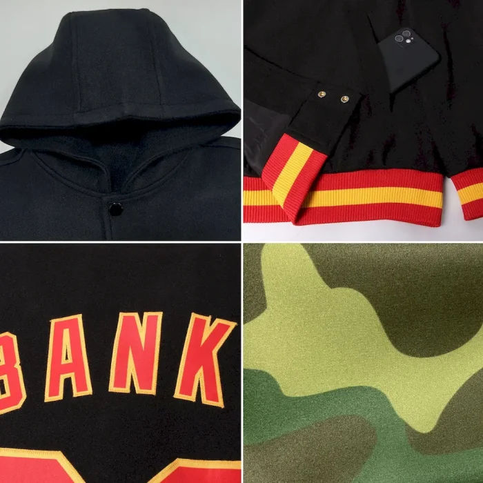 Custom Camo Red-Gold Bomber Full-Snap Varsity Letterman Salute To Service Hoodie Jacket - Image 2
