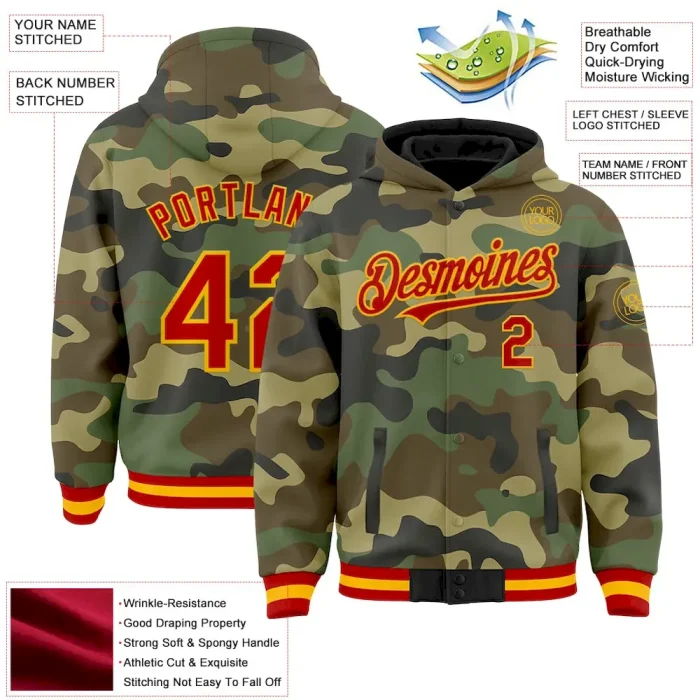 Custom Camo Red-Gold Bomber Full-Snap Varsity Letterman Salute To Service Hoodie Jacket - Image 3