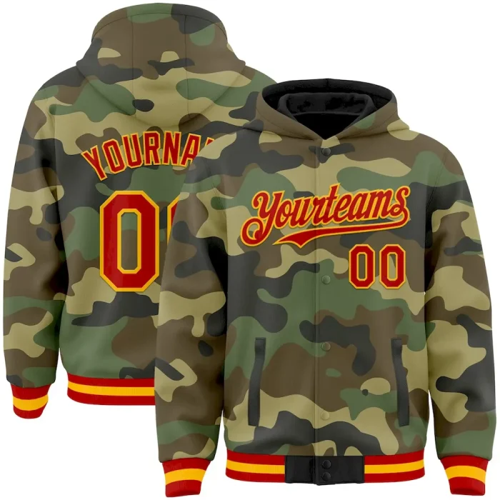 Custom Camo Red-Gold Bomber Full-Snap Varsity Letterman Salute To Service Hoodie Jacket - Image 1