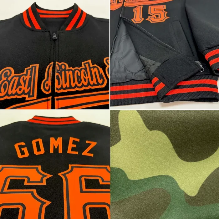 Custom Camo Black-Teal Bomber Varsity Letterman Salute To Service Zipper Jacket - Image 2