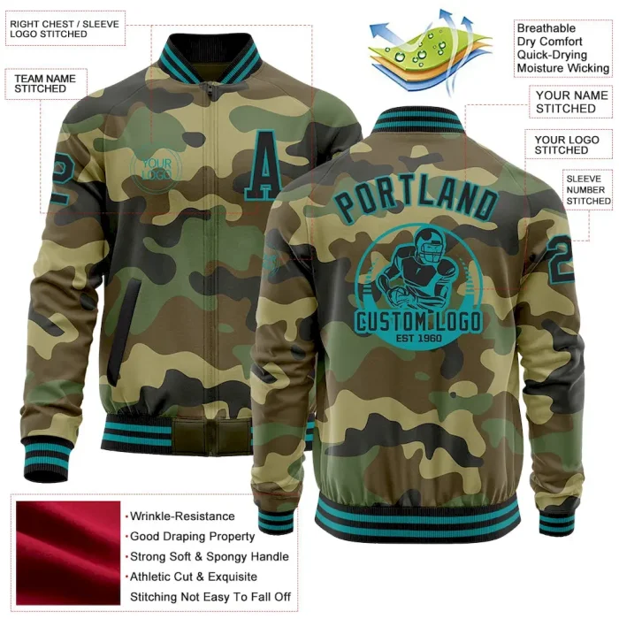 Custom Camo Black-Teal Bomber Varsity Letterman Salute To Service Zipper Jacket - Image 3