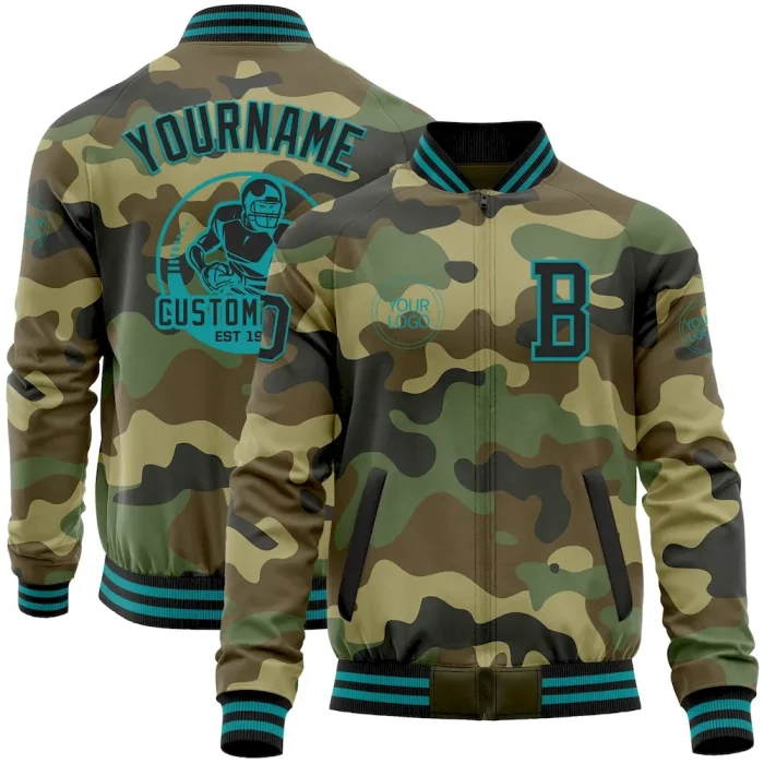 Custom Camo Black-Teal Bomber Varsity Letterman Salute To Service Zipper Jacket - Image 1