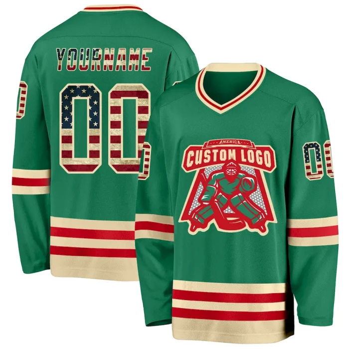 Custom Kelly Green Vintage USA Flag Cream-Red Hockey Jersey - Image 2