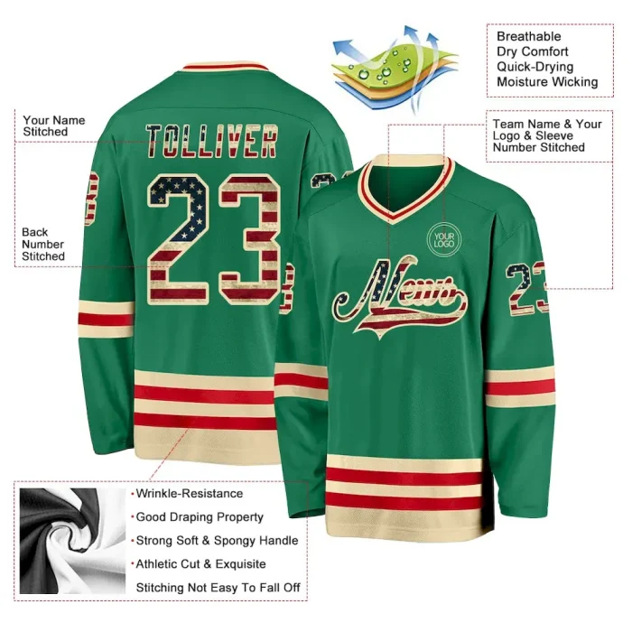 Custom Kelly Green Vintage USA Flag Cream-Red Hockey Jersey - Image 3