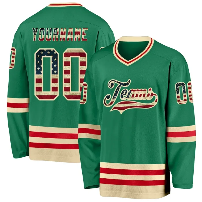 Custom Kelly Green Vintage USA Flag Cream-Red Hockey Jersey - Image 1