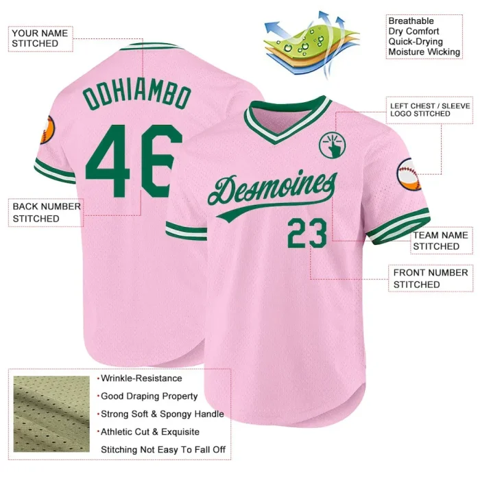 Custom Light Pink Kelly Green-White Authentic Throwback Baseball Jersey - Image 3
