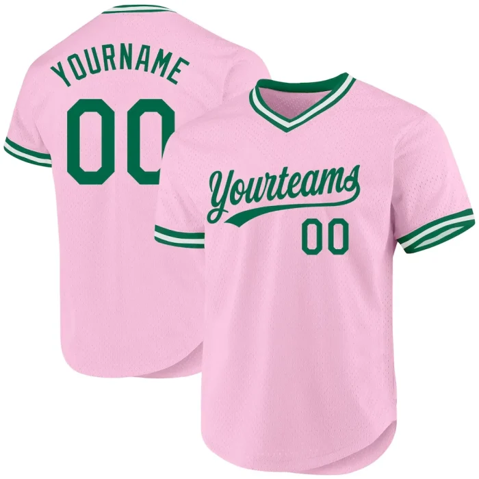 Custom Light Pink Kelly Green-White Authentic Throwback Baseball Jersey - Image 1