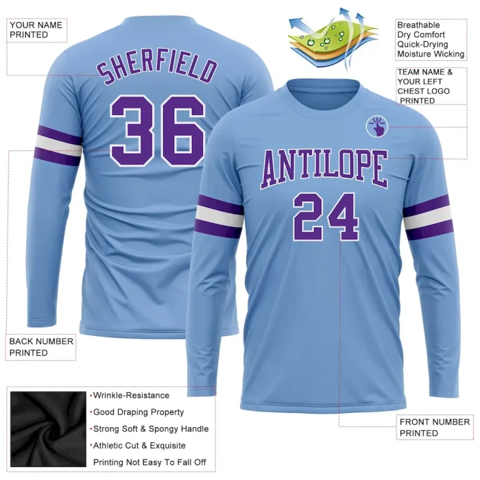 Custom Light Blue Purple-White Long Sleeve Performance T-Shirt - Image 3