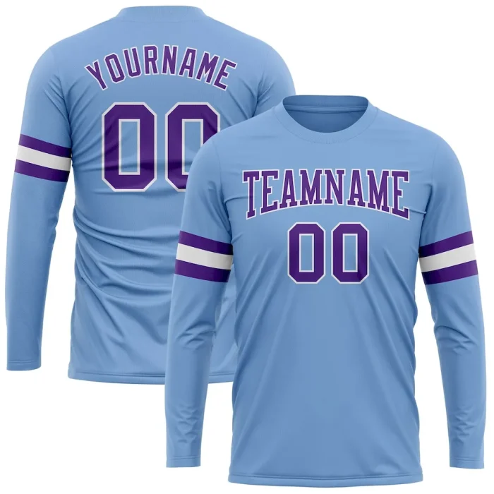 Custom Light Blue Purple-White Long Sleeve Performance T-Shirt - Image 1