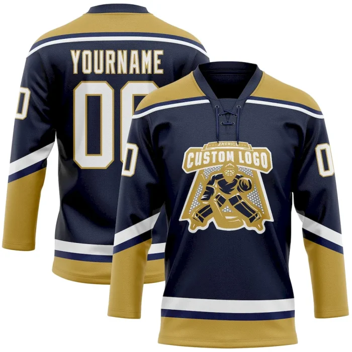 Custom Navy White-Old Gold Hockey Lace Neck Jersey - Image 2