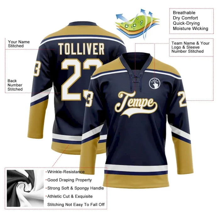 Custom Navy White-Old Gold Hockey Lace Neck Jersey - Image 3