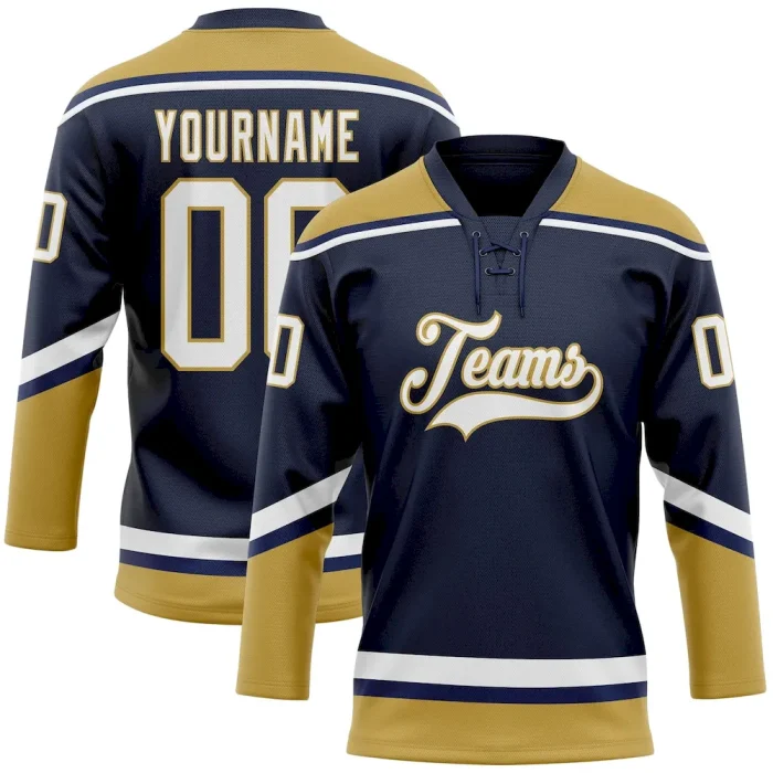 Custom Navy White-Old Gold Hockey Lace Neck Jersey - Image 1