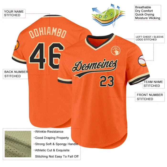 Custom Orange Black-Cream Authentic Throwback Baseball Jersey - Image 3