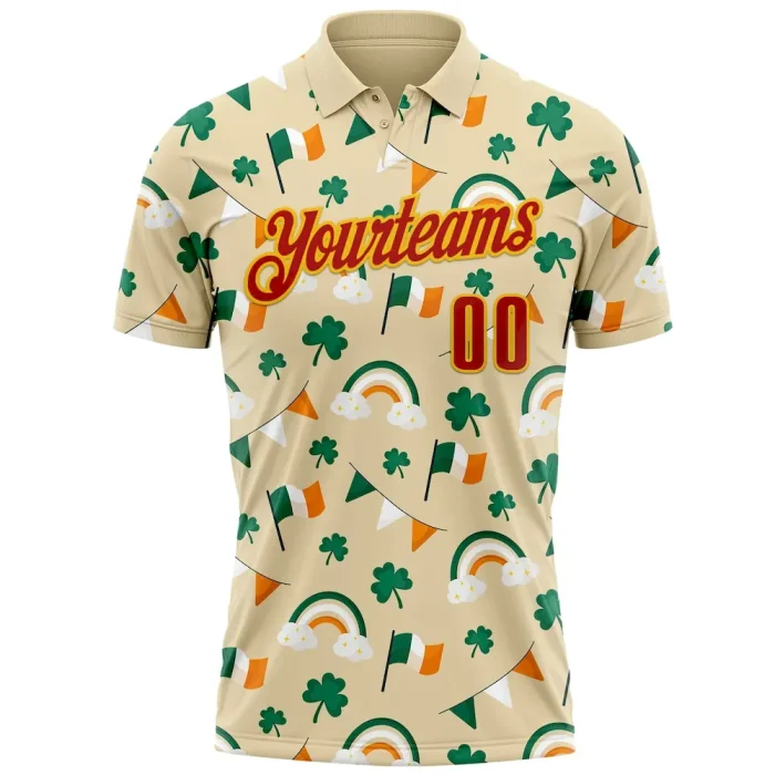 Custom Cream Red Green-Yellow 3D St. Patrick's Day Shamrock Performance Polo Shirt - Image 2
