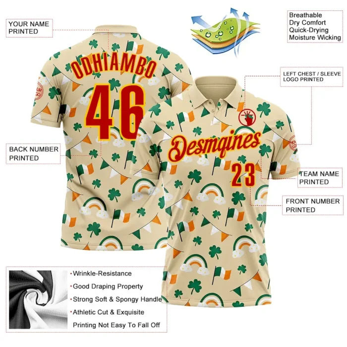 Custom Cream Red Green-Yellow 3D St. Patrick's Day Shamrock Performance Polo Shirt - Image 3