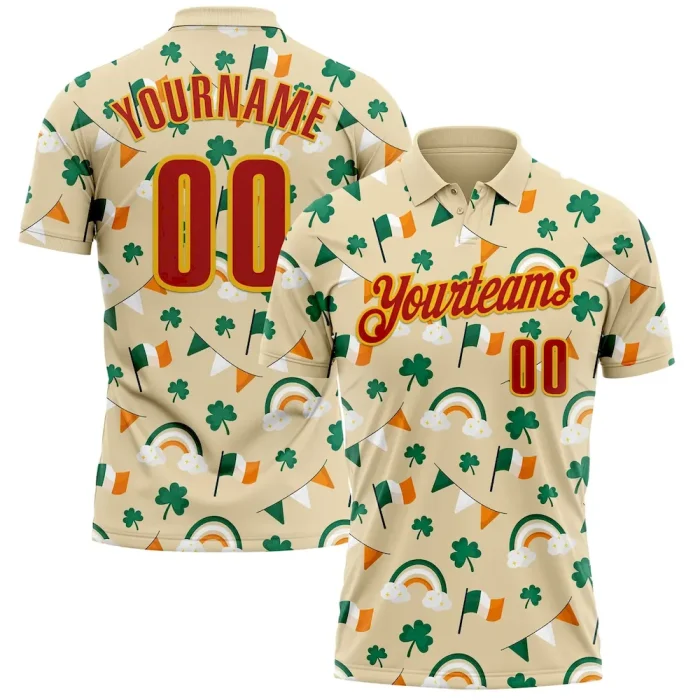 Custom Cream Red Green-Yellow 3D St. Patrick's Day Shamrock Performance Polo Shirt - Image 1