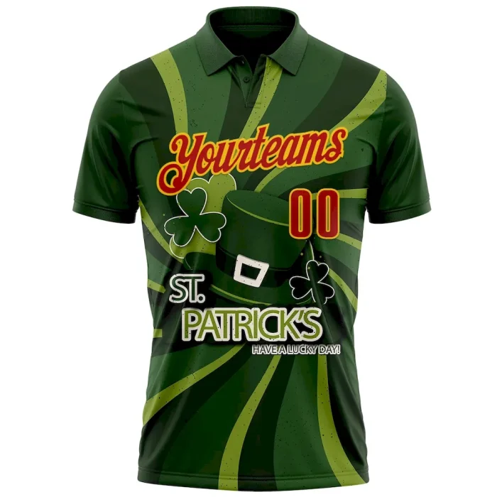 Custom Green Red-Yellow 3D St. Patrick's Day Shamrock Performance Polo Shirt - Image 2