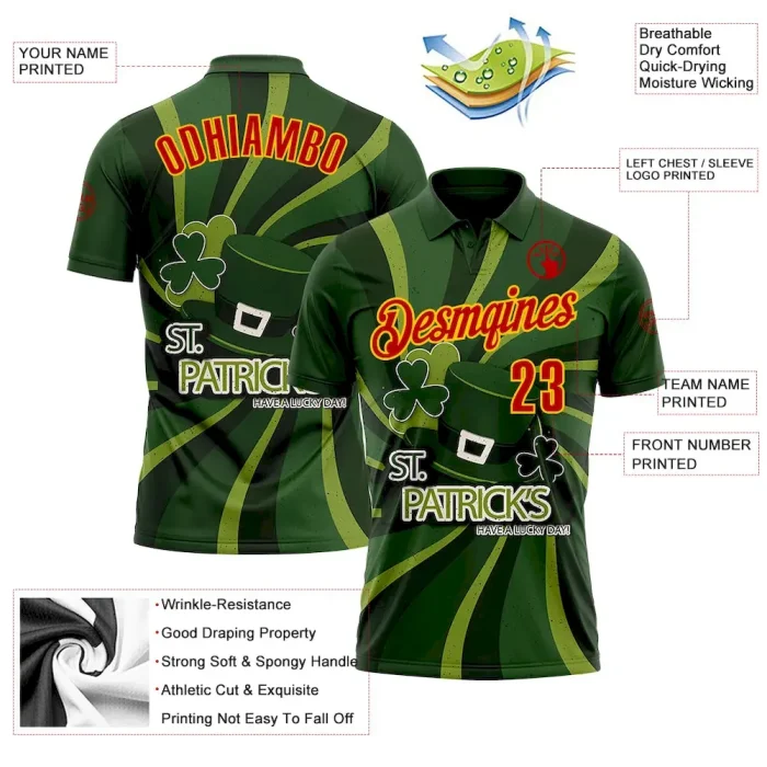 Custom Green Red-Yellow 3D St. Patrick's Day Shamrock Performance Polo Shirt - Image 3