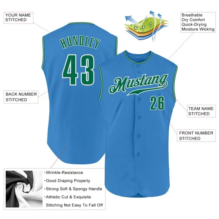 Custom Powder Blue Kelly Green-White Authentic Sleeveless Baseball Jersey - Image 2