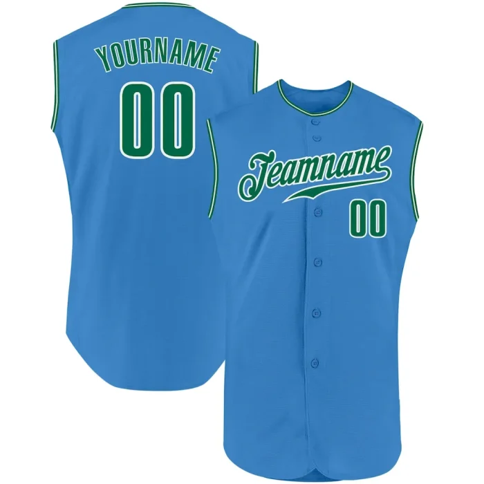 Custom Powder Blue Kelly Green-White Authentic Sleeveless Baseball Jersey - Image 1