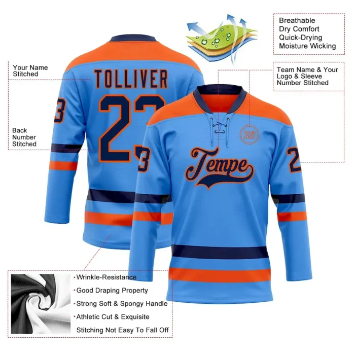Custom Sky Blue Navy-Orange Hockey Lace Neck Jersey - Image 3