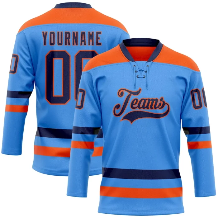 Custom Sky Blue Navy-Orange Hockey Lace Neck Jersey - Image 1