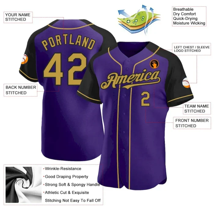 Custom Purple Old Gold-Black Authentic Raglan Sleeves Baseball Jersey - Image 3