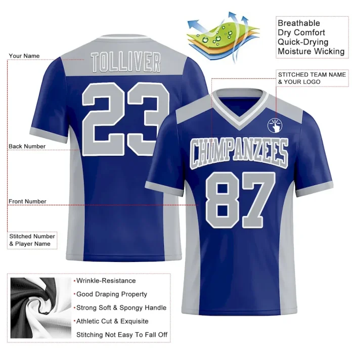 Custom Royal Gray-White Mesh Authentic Football Jersey - Image 3