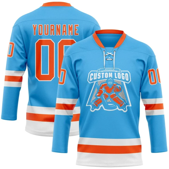 Custom Sky Blue Orange-White Hockey Lace Neck Jersey - Image 2