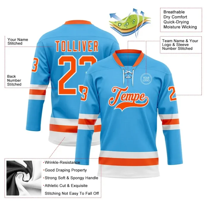 Custom Sky Blue Orange-White Hockey Lace Neck Jersey - Image 3