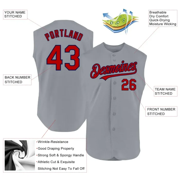 Custom Gray Red-Navy Authentic Sleeveless Baseball Jersey - Image 2