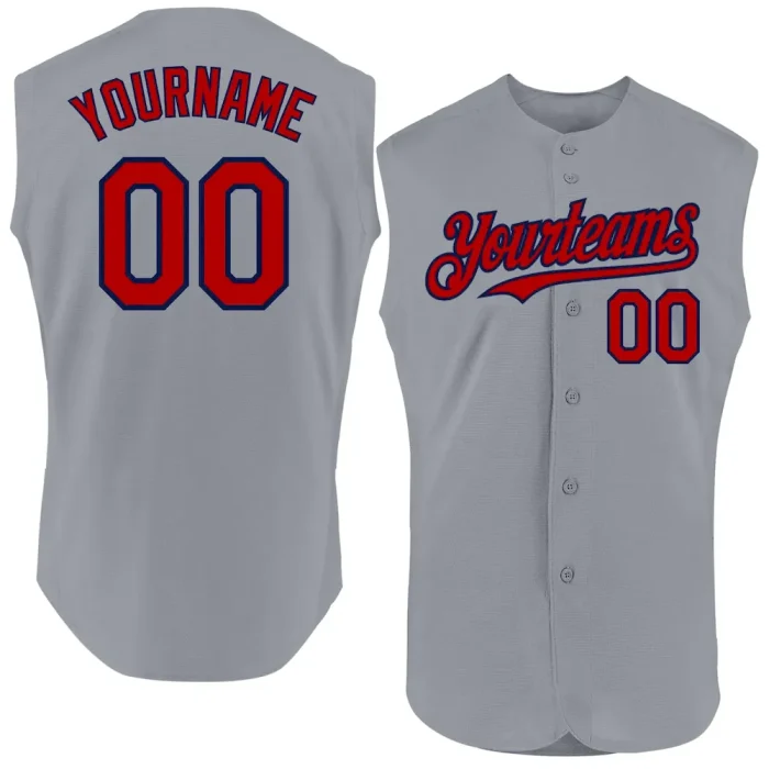 Custom Gray Red-Navy Authentic Sleeveless Baseball Jersey - Image 1