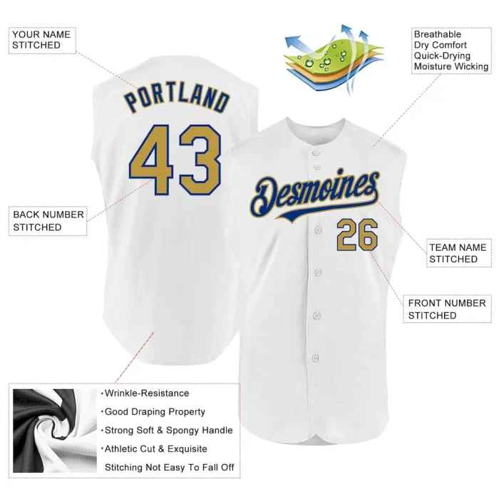 Custom White Old Gold-Royal Authentic Sleeveless Baseball Jersey - Image 2