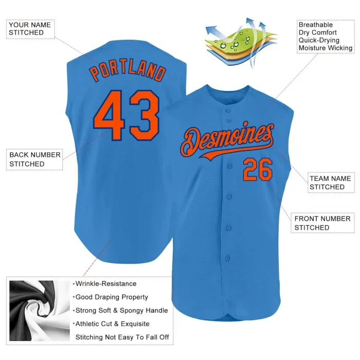 Custom Powder Blue Orange-Royal Authentic Sleeveless Baseball Jersey - Image 2