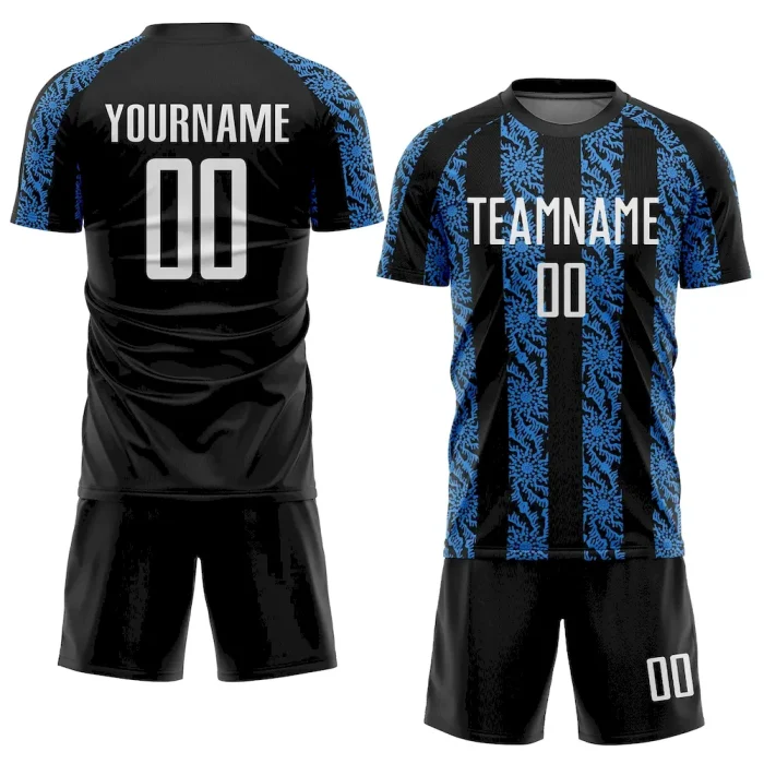 Custom Black White-Powder Blue Abstract Shape Sublimation Soccer Uniform Jersey - Image 2