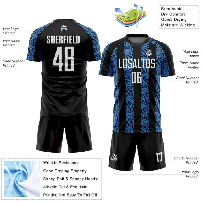 Custom Black White-Powder Blue Abstract Shape Sublimation Soccer Uniform Jersey - Image 4