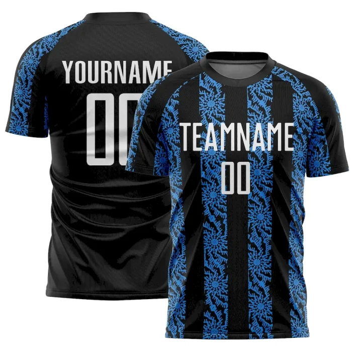 Custom Black White-Powder Blue Abstract Shape Sublimation Soccer Uniform Jersey - Image 1