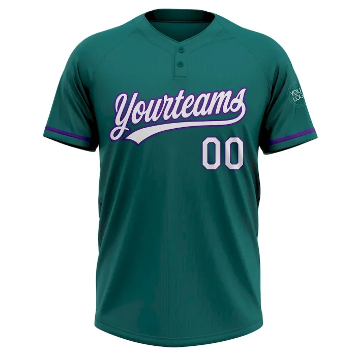 Custom Teal White-Purple Two-Button Unisex Softball Jersey - Image 2