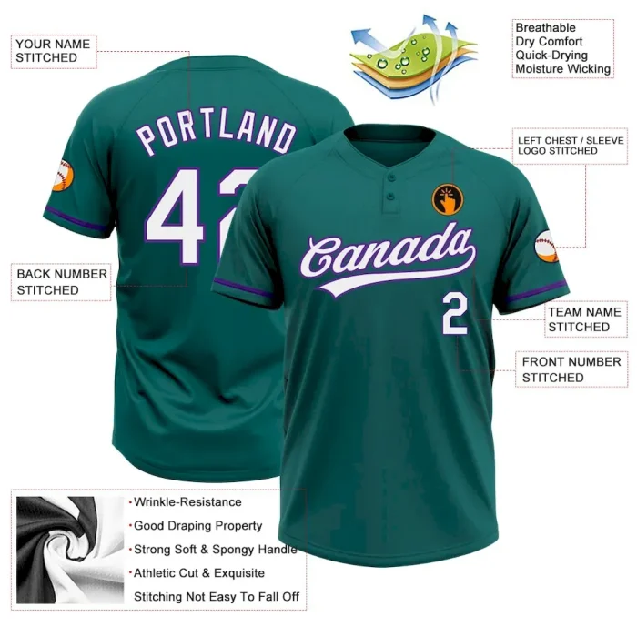 Custom Teal White-Purple Two-Button Unisex Softball Jersey - Image 3