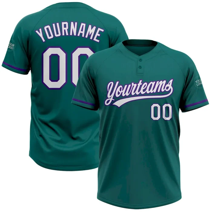 Custom Teal White-Purple Two-Button Unisex Softball Jersey - Image 1