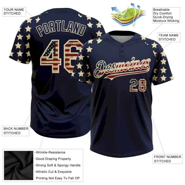 Custom Navy Vintage USA Flag-Cream 3D American Flag Fashion Two-Button Unisex Softball Jersey - Image 3