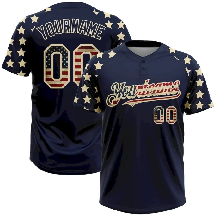 Custom Navy Vintage USA Flag-Cream 3D American Flag Fashion Two-Button Unisex Softball Jersey - Image 1