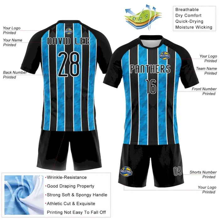 Custom Black Light Blue-White Lines Sublimation Volleyball Uniform Jersey - Image 4