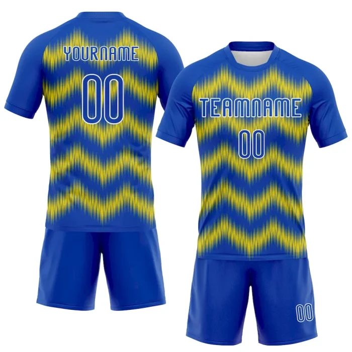Custom Thunder Blue Gold-White Zigzag Sublimation Volleyball Uniform Jersey - Image 2