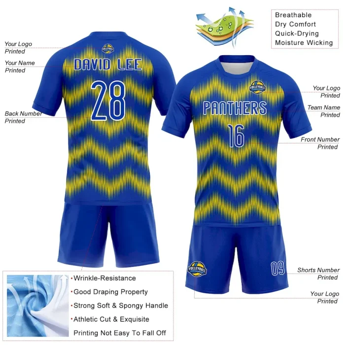 Custom Thunder Blue Gold-White Zigzag Sublimation Volleyball Uniform Jersey - Image 4
