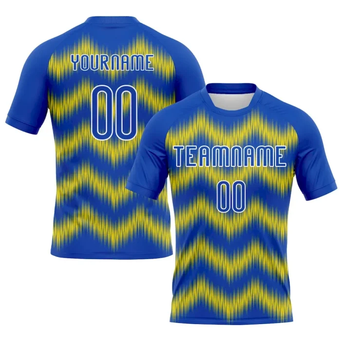 Custom Thunder Blue Gold-White Zigzag Sublimation Volleyball Uniform Jersey - Image 1