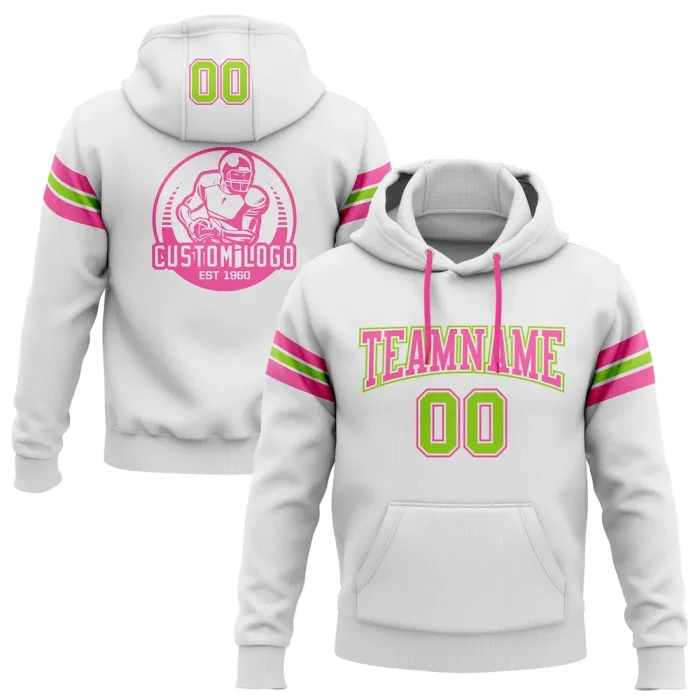 Custom Stitched White Neon Green-Pink Football Pullover Sweatshirt Hoodie - Image 1