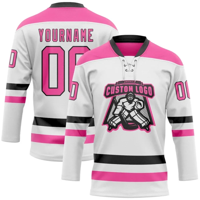 Custom White Pink-Black Hockey Lace Neck Jersey - Image 2