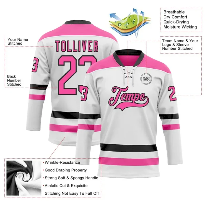 Custom White Pink-Black Hockey Lace Neck Jersey - Image 3