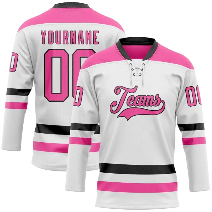 Custom White Pink-Black Hockey Lace Neck Jersey - Image 1